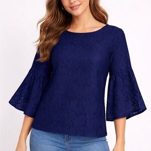 Lauren Ralph Lauren Navy Lace Blouse with Bell Sleeves, size:L/G